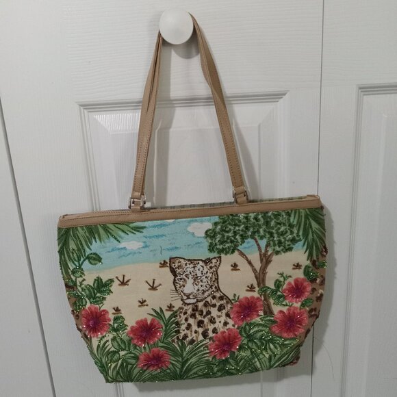 $100 NWT! Exquisite Tote w/Sparkly Flowers & Leopard - Picture 6 of 12